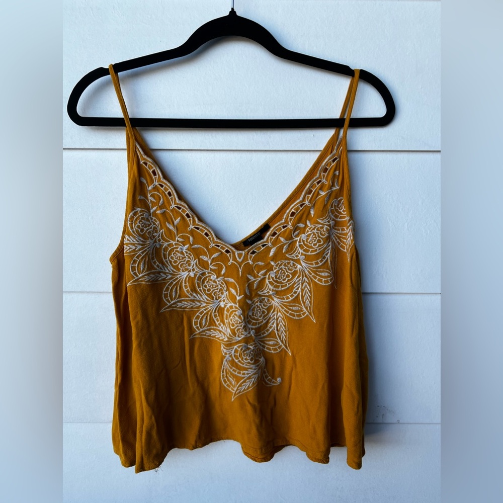 Forever 21 Rayon Bright Yellow Embroidered Crop Tank | Size Large
